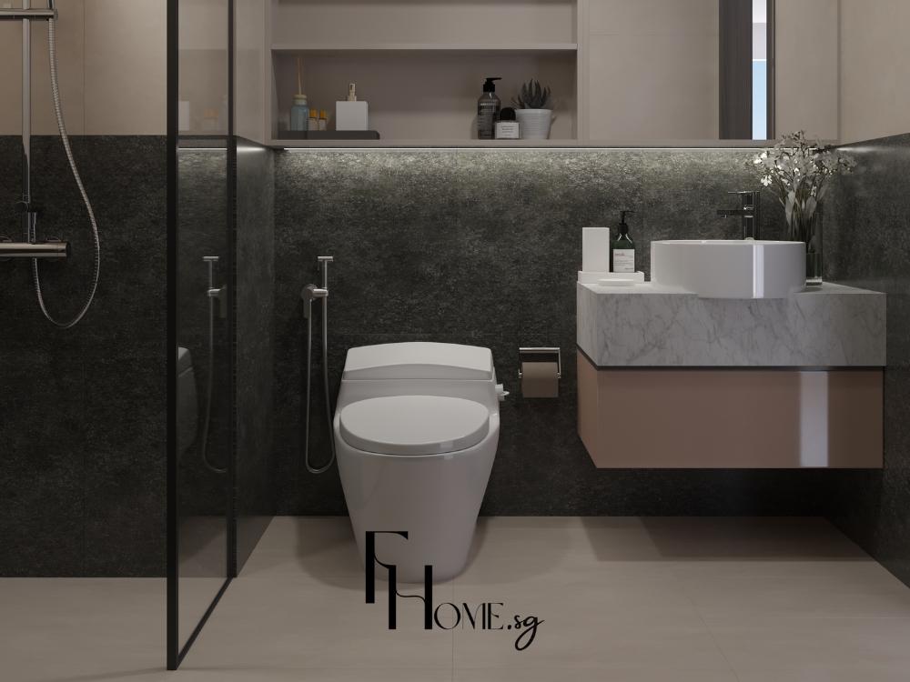 Thiết kế phòng vệ sinh nhà phố 4x10m với lavabo và bồn cầu treo tường, vách kính trong suốt cho khu vực tắm