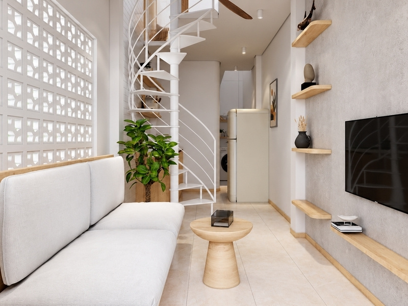Thiết kế tầng trệt nhà phố 18m2 với cầu thang xoắn ốc và tường gạch bông gió