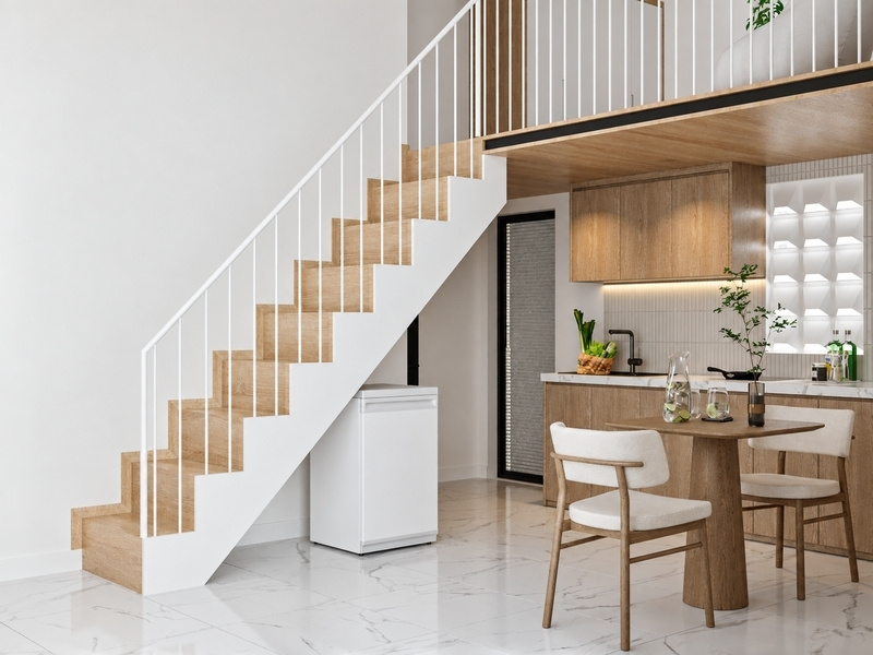 Thiết kế tầng trệt nhà phố 20m2 với bếp dưới gác lửng và cầu thang áp tường