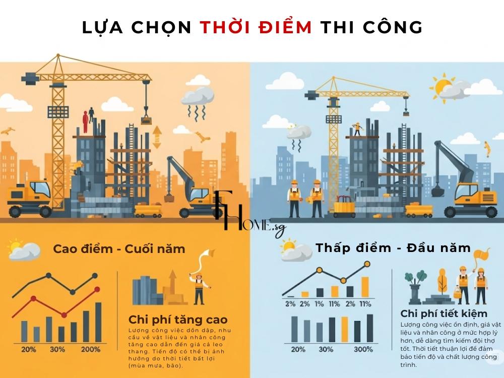 Thời điểm thi công ảnh hưởng đến chi phí do biến động giá nhân công và vật liệu theo mùa