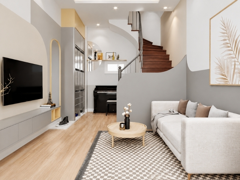 Toàn cảnh thiết kế phòng khách nhà phố 16m2 hiện đại với kệ tivi treo và cầu thang uốn lượn