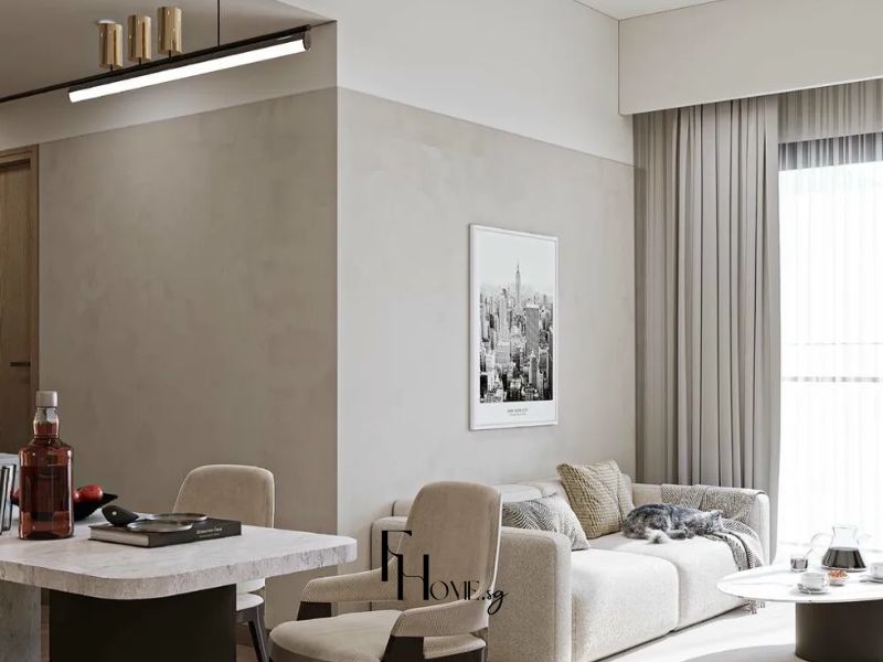 Tối ưu ánh sáng và màu sắc thiết kế nội thất chung cư 65m2 tông be kem sofa trắng đảo bếp mặt đá và rèm xám