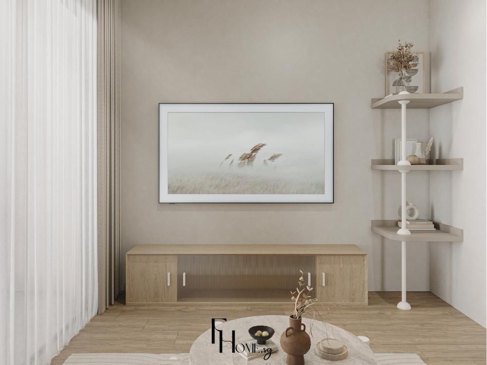 Phòng khách Wabi-Sabi với bàn trà bình cắm hoa mang dấu vết thời gian