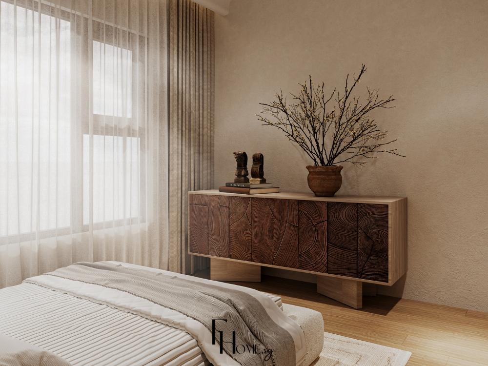 Phòng ngủ Wabi-Sabi với giường gỗ và tủ đầu giường có dấu vết của thời gian