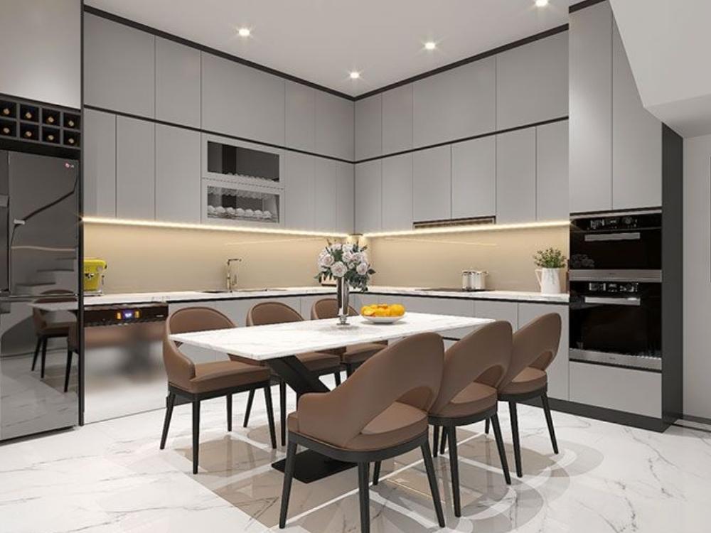 Tủ bếp 2 tầng kết hợp tủ kín và kệ mở, tạo không gian lưu trữ hiệu quả và thẩm mỹ cho căn bếp