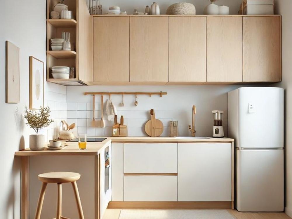 Tủ bếp cao kịch trần kết hợp kệ mở, giúp tăng khả năng lưu trữ trong không gian bếp nhỏ