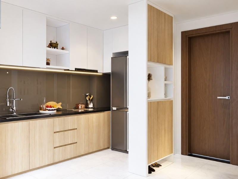 Tủ bếp chữ I kịch trần kết hợp vách ngăn tủ giày cho nhà phố 25m2