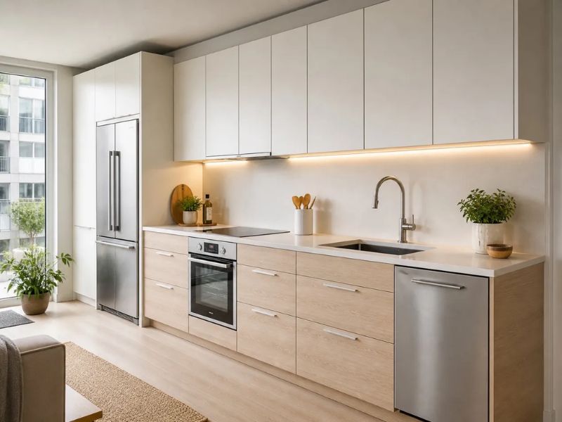 Tủ bếp chữ I trắng be vân gỗ nhạt kết hợp tủ kịch trần tay nắm inox lò nướng và máy rửa bát âm tủ trong căn hộ chung cư 