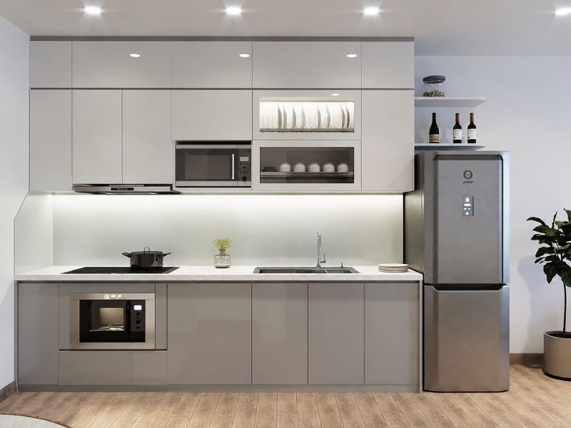 Thiết kế tủ bếp chữ I kịch trần phong cách hiện đại cho chung cư