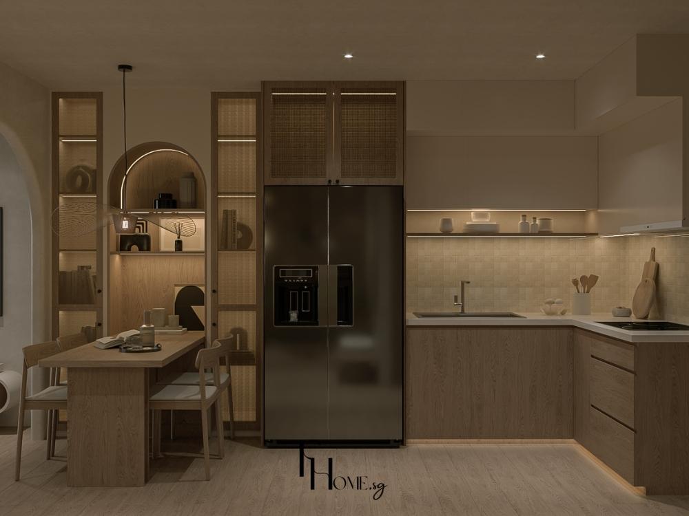 Tủ bếp chữ L giúp tạo không gian mở cho căn hộ, lý tưởng cho bàn ăn nhỏ hoặc đảo bếp