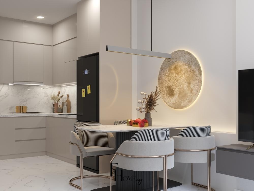 Tủ bếp chữ L với hai dãy tủ vuông góc, tối ưu không gian góc tường trong chung cư