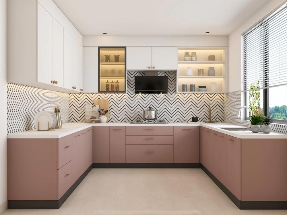 Tủ bếp chữ U phân bổ các khu vực chức năng đều trên ba cạnh, giúp người nội trợ dễ dàng tiếp cận mọi thứ