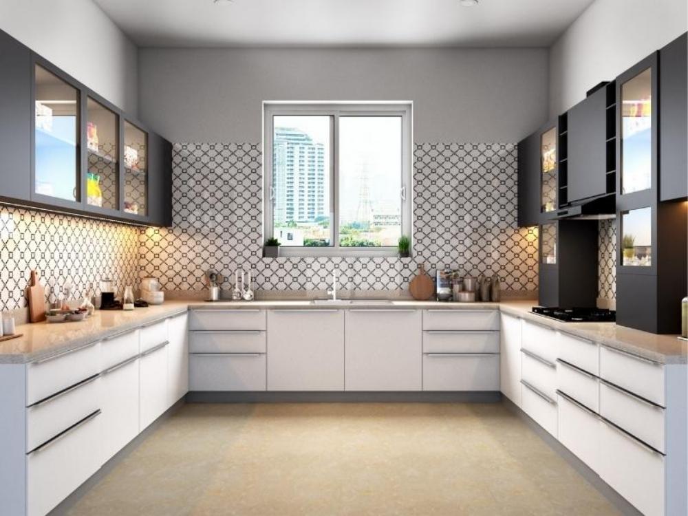 ủ bếp chữ U tận dụng ba mặt tường, tạo không gian lưu trữ rộng rãi và bề mặt làm việc lớn