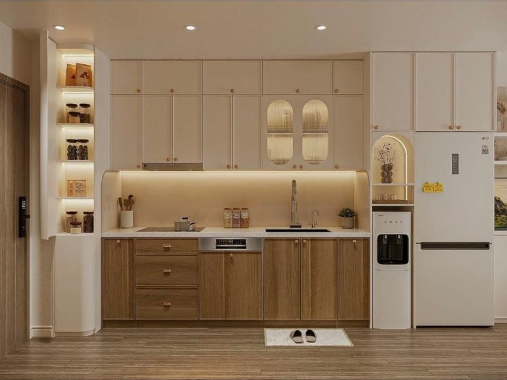 Tủ bếp gỗ công nghiệp hiện đại với cánh kính cường lực