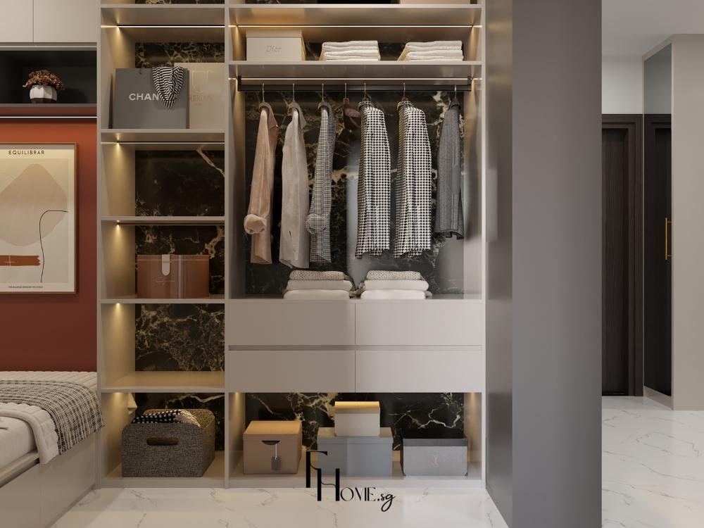 Tủ quần áo âm tường thiết kế đơn giản, cánh phẳng không tay nắm giúp không gian liền mạch và gọn gàng