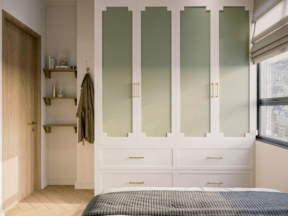 Tủ quần áo gỗ đứng phong cách hiện đại với đường nét phẳng mịn và tay nắm tối giản