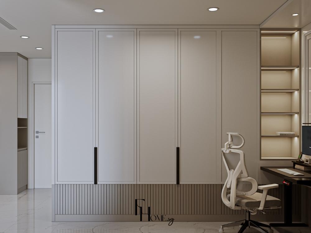 Tủ quần áo tối giản màu trung tính, tận dụng tối đa chiều cao trần nhà để tăng diện tích lưu trữ hiệu quả