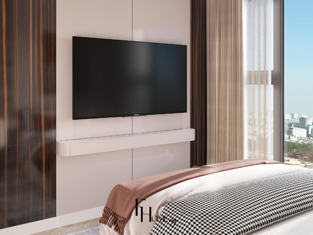 View khác của phòng ngủ thể hiện sự hài hòa giữa màu sắc, ánh sáng và chất liệu cao cấp