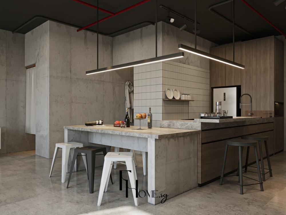 View khác từ bếp thể hiện sự tương phản tinh tế giữa bề mặt gỗ, gạch terrazzo và kim loại đen nhám của kệ treo