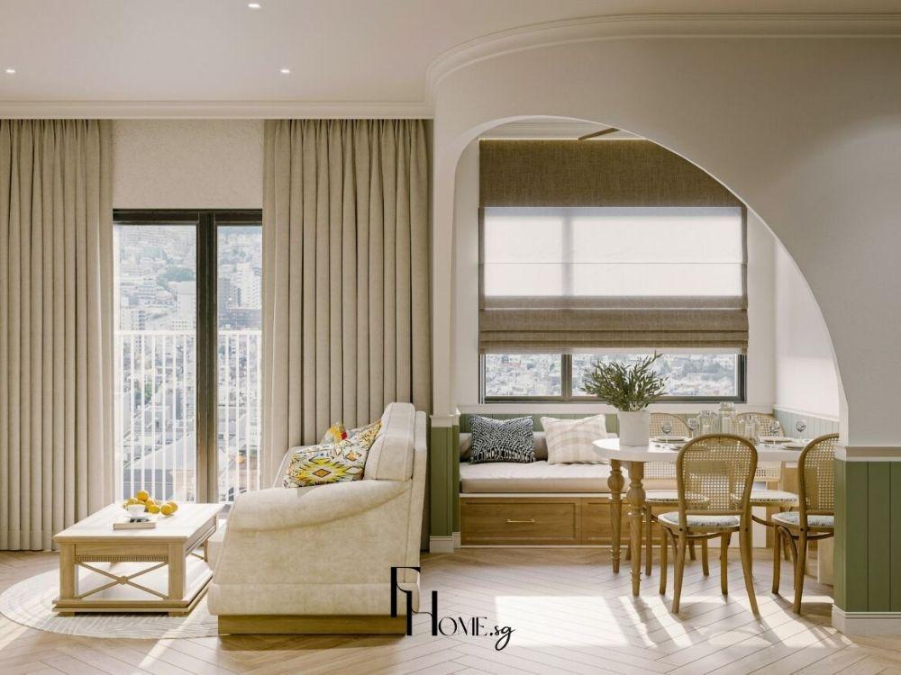 Phòng khách Farmhouse liên thông với phòng bếp tạo khôn gian thông thoáng