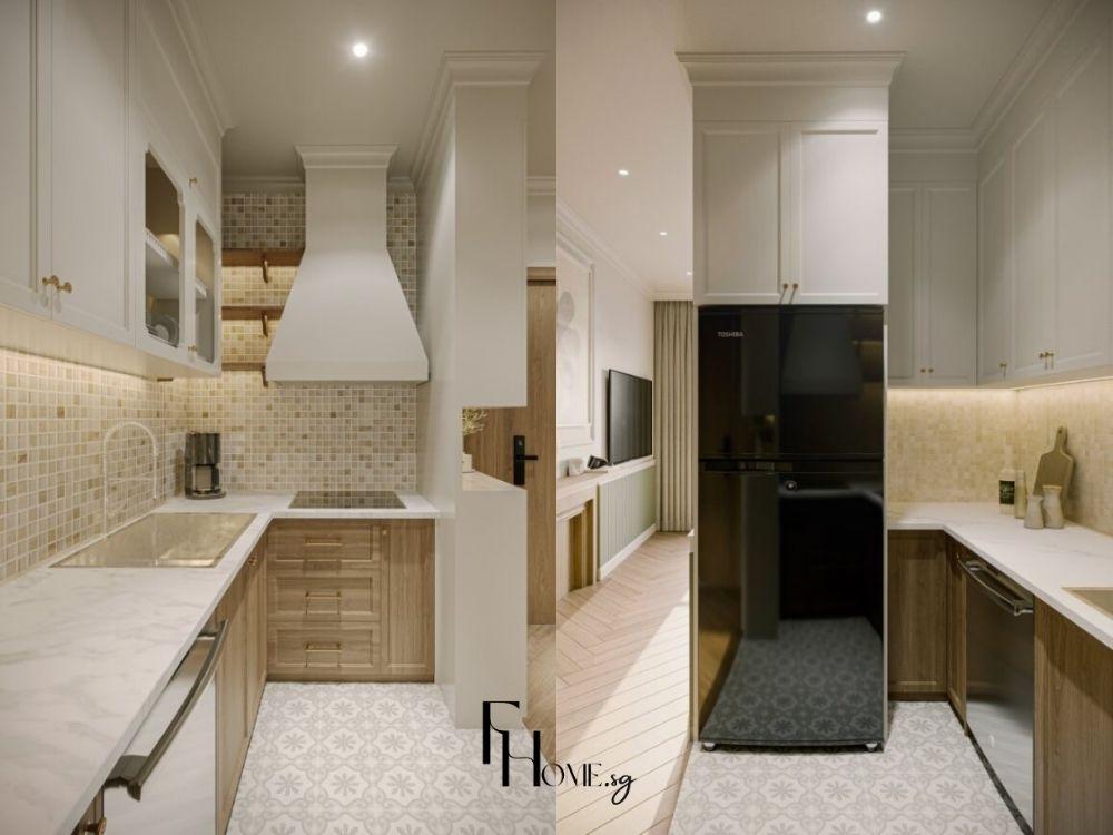 Phòng bếp Farmhouse với đồ nội thất gam màu sáng tạo không gian sạch sẽ