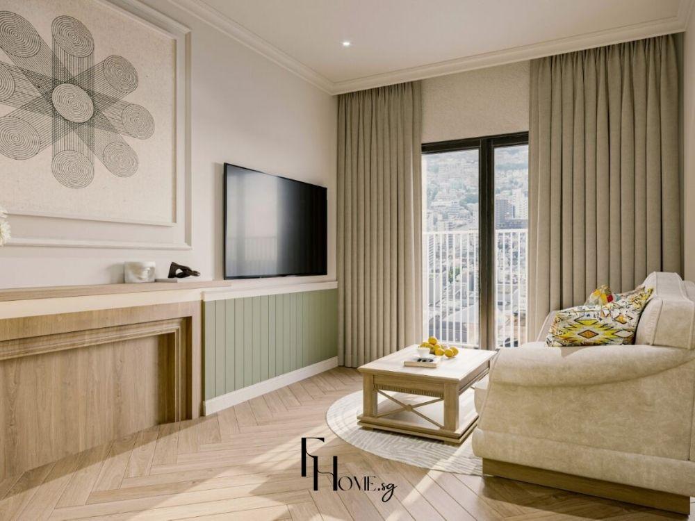 Phòng khách Farmhouse với sofa be, bàn trà gỗ tự nhiên, ánh sáng tự nhiên tạo không gian ấm cúng.