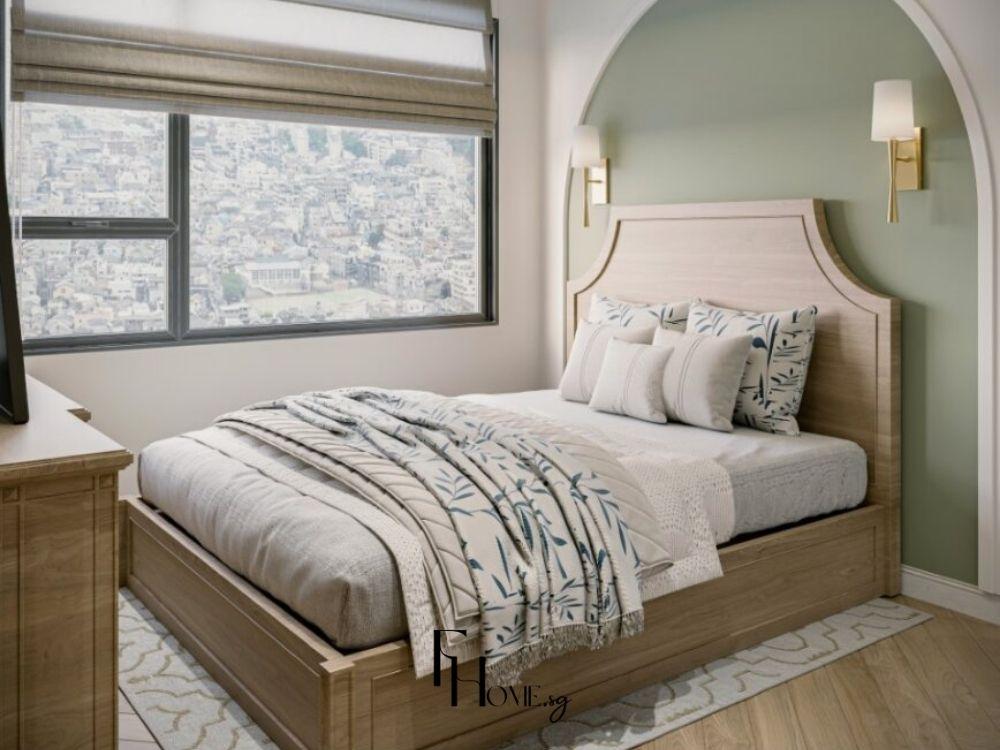 Phòng ngủ Farmhouse với giường gỗ tự nhiên, bộ chăn ga trắng và đèn ngủ gốm sứ mang đến không gian thư giãn.