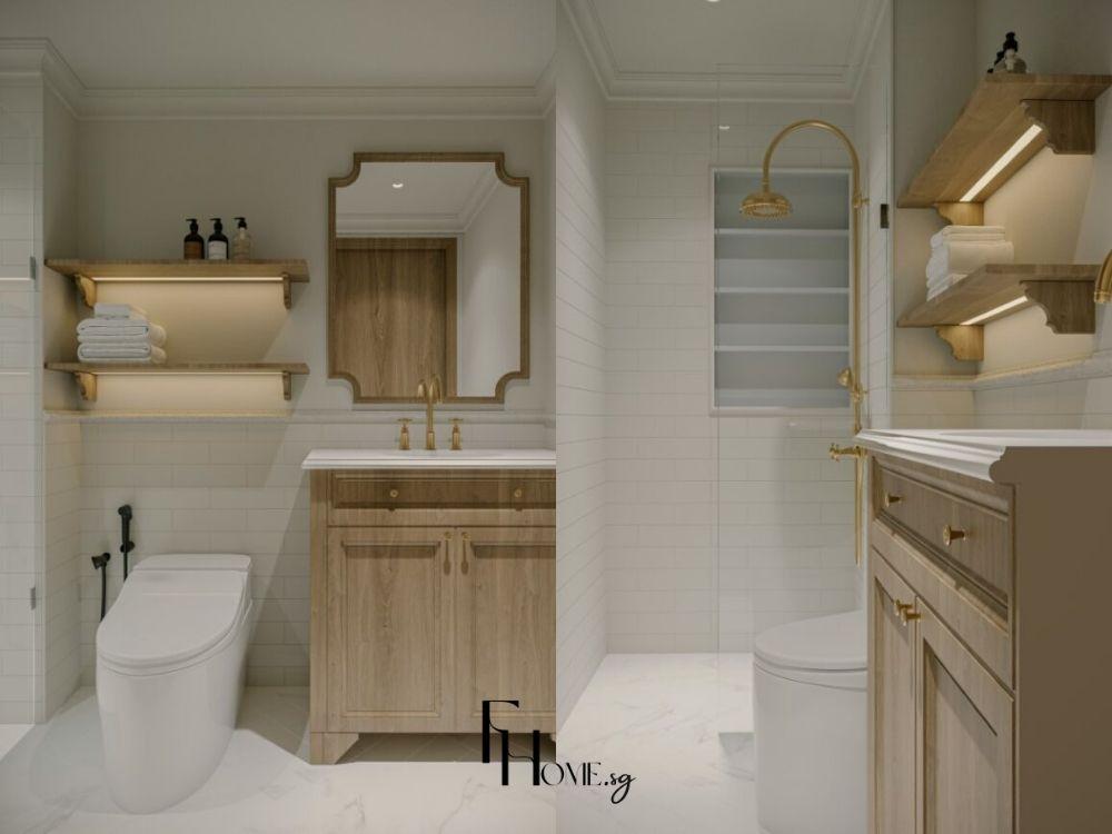 Phòng vệ sinh Farmhouse với kệ gỗ sáng và gạch bông họa tiết tạo không gian thư giãn và ấm cúng.