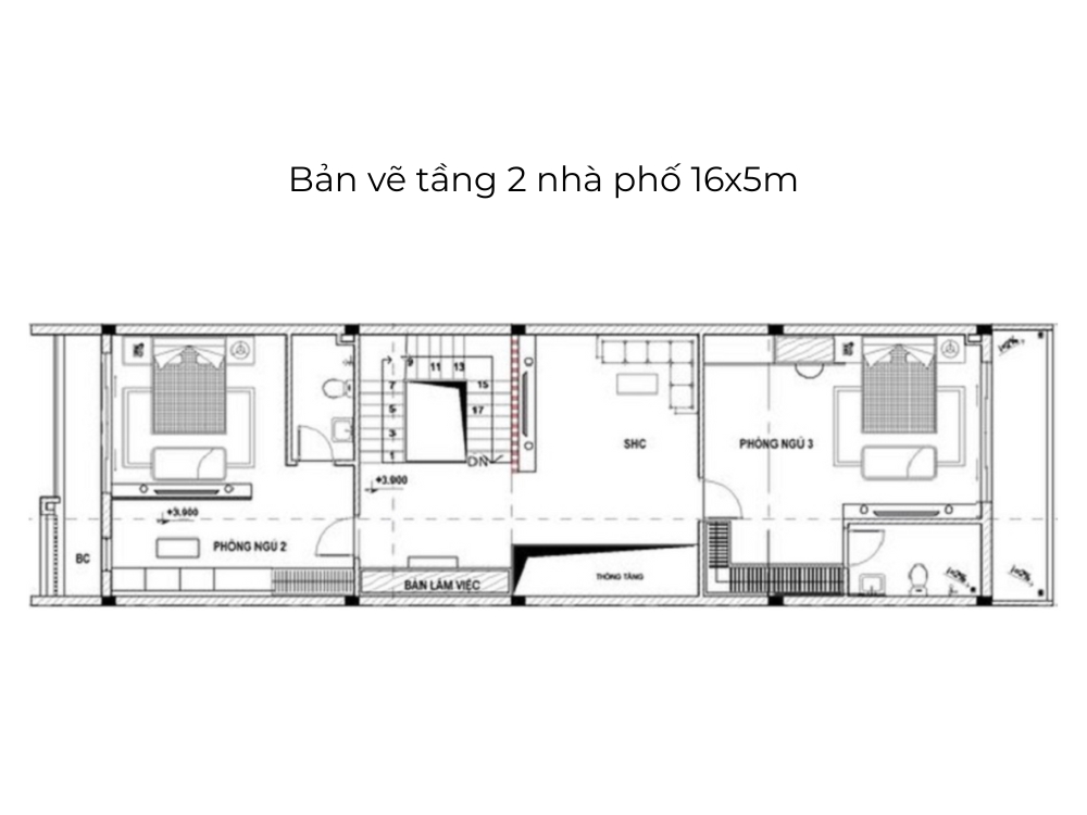 Ảnh bản vẽ tầng 2 nhà phố 16x5m 