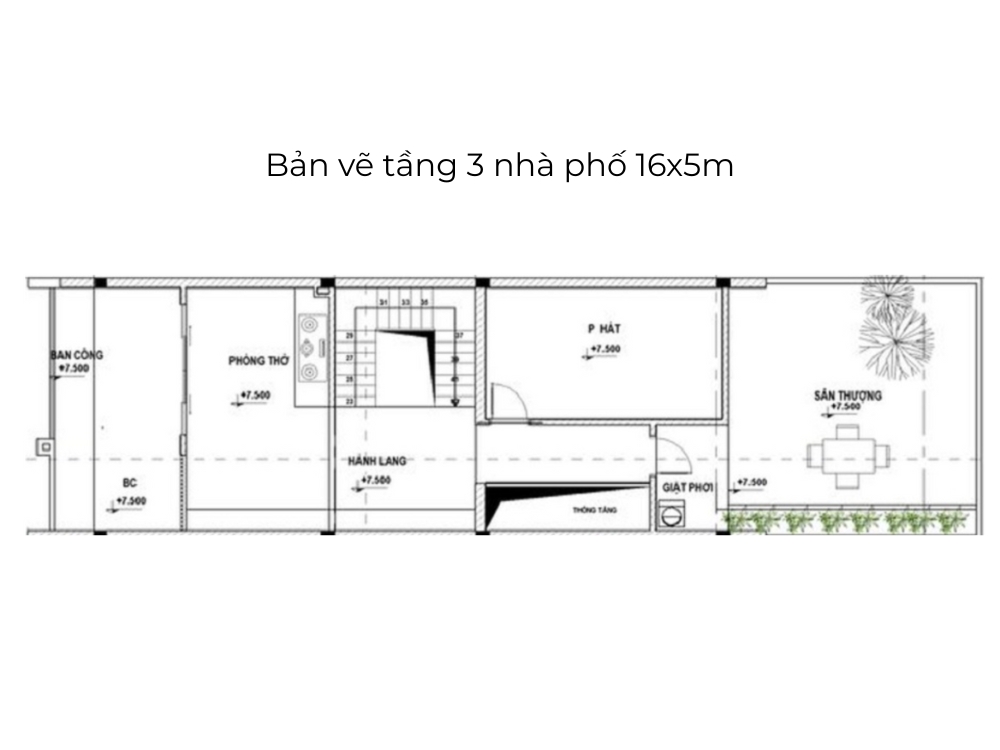 Ảnh bản vẽ tầng 3 nhà phố 16x5m 
