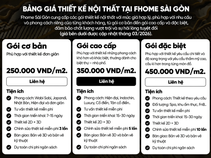 Bảng giá thiết kế nội thất Fhome Sài Gòn với gói cơ bản, cao cấp và đặc biệt.