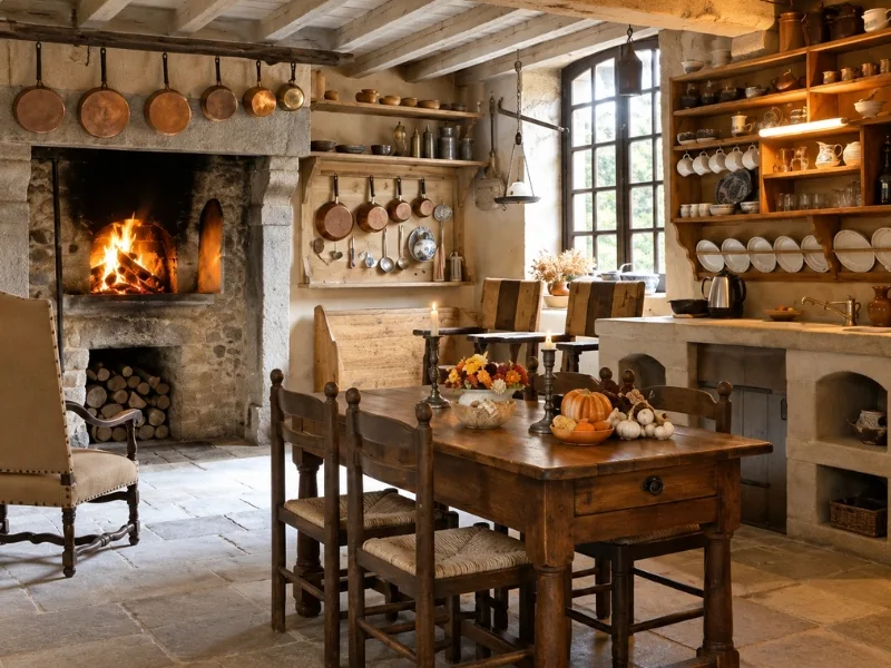 Không gian bếp ăn phong cách Farmhouse bố trí bàn gỗ dài trước kệ gốm cạnh lò sưởi đá.