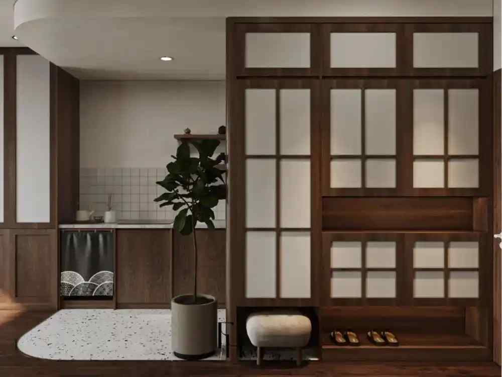 Bếp được thiết kế theo phong cách Nhật Bản tối giản. Tủ gỗ nâu kết hợp khung kính mờ tạo cảm giác ấm cúng