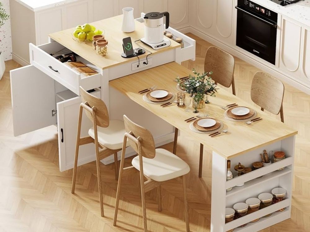 Bếp liền bàn ăn gỗ sáng tích hợp tủ và kệ tiện ích, bố trí 4 ghế gỗ tựa