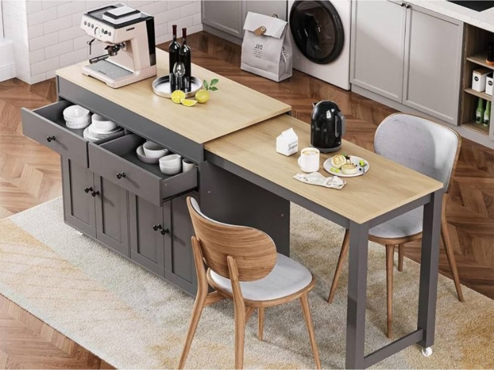 Bếp liền bàn ăn kiểu module 2 tầng, tủ ngăn kéo tối màu kết hợp mặt bàn gỗ sáng