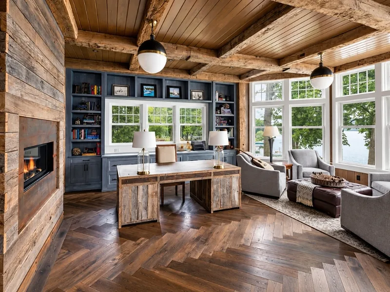 Không gian bếp mở phong cách Rustic có đảo trung tâm bên tường gạch và trần ốp gỗ.