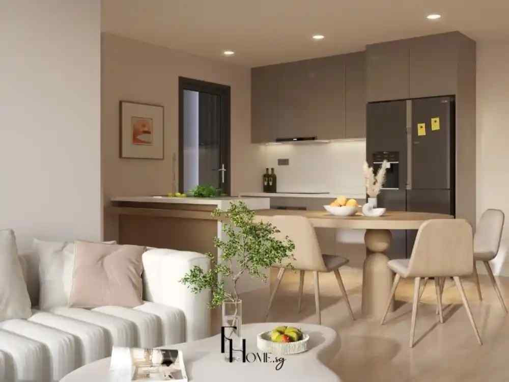 Bếp mở tông be nâu, bàn ăn gỗ sáng màu, điểm xuyết cây xanh và ánh sáng ấm.