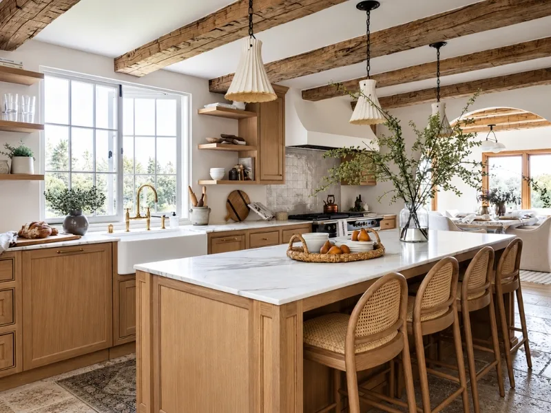 Thiết kế bếp phong cách Rustic phối đảo bếp mặt sáng với ghế mây dưới những dầm gỗ thô.