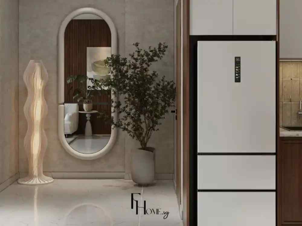 Bếp và sảnh liền kề được thiết kế hiện đại với tủ lạnh âm tường, gương oval lớn và chậu cây trang trí