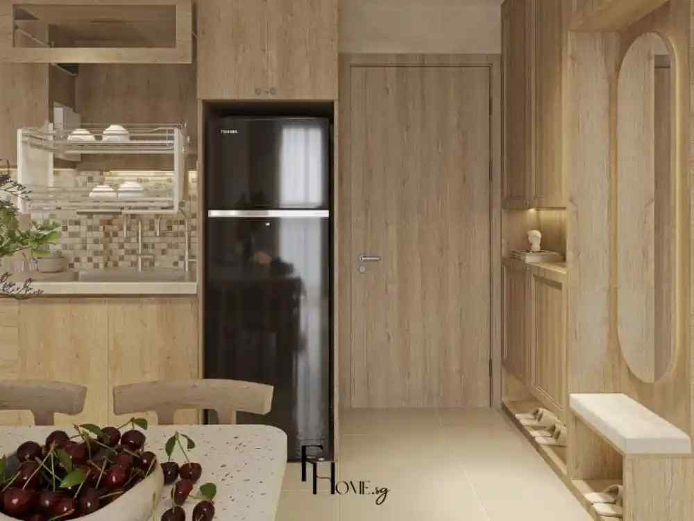 Bếp và sảnh vào sử dụng gỗ sáng tự nhiên làm chủ đạo, kết hợp tủ cao kịch trần, ghế gỗ mộc