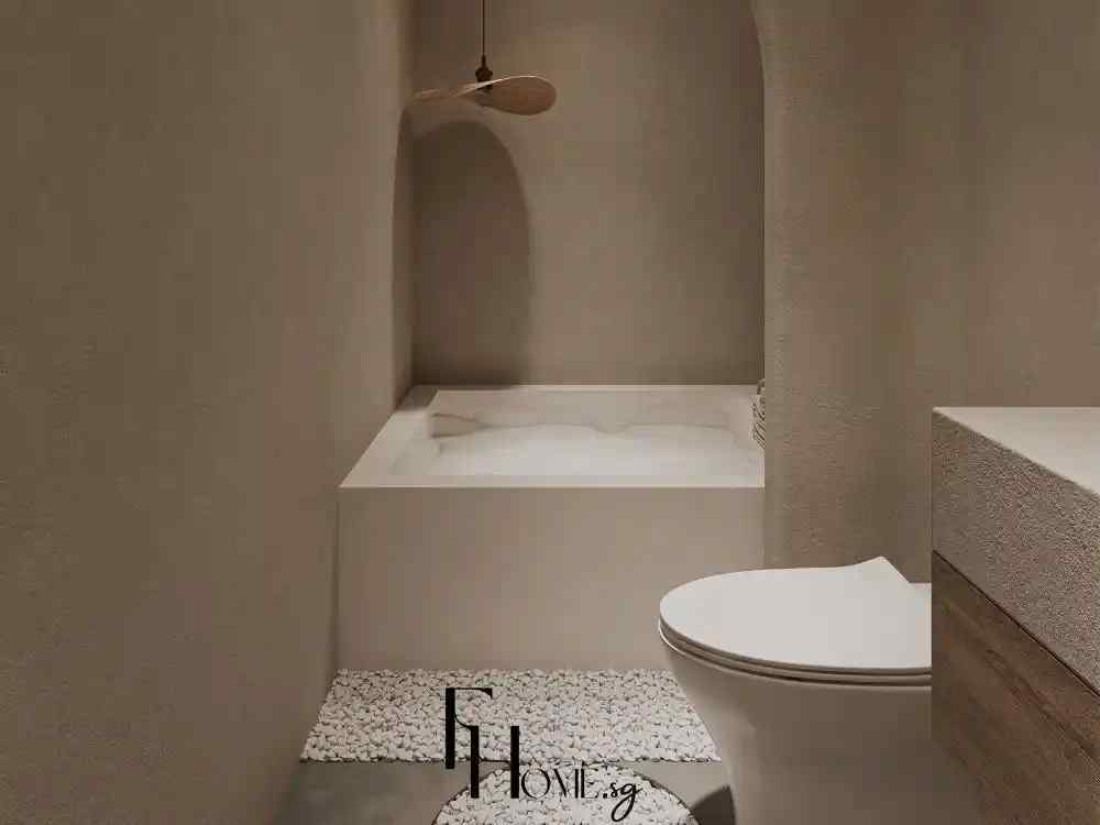 Bồn tắm vuông gam be kết hợp đá cuội trắng mang đậm tinh thần Wabi Sabi gần gũi