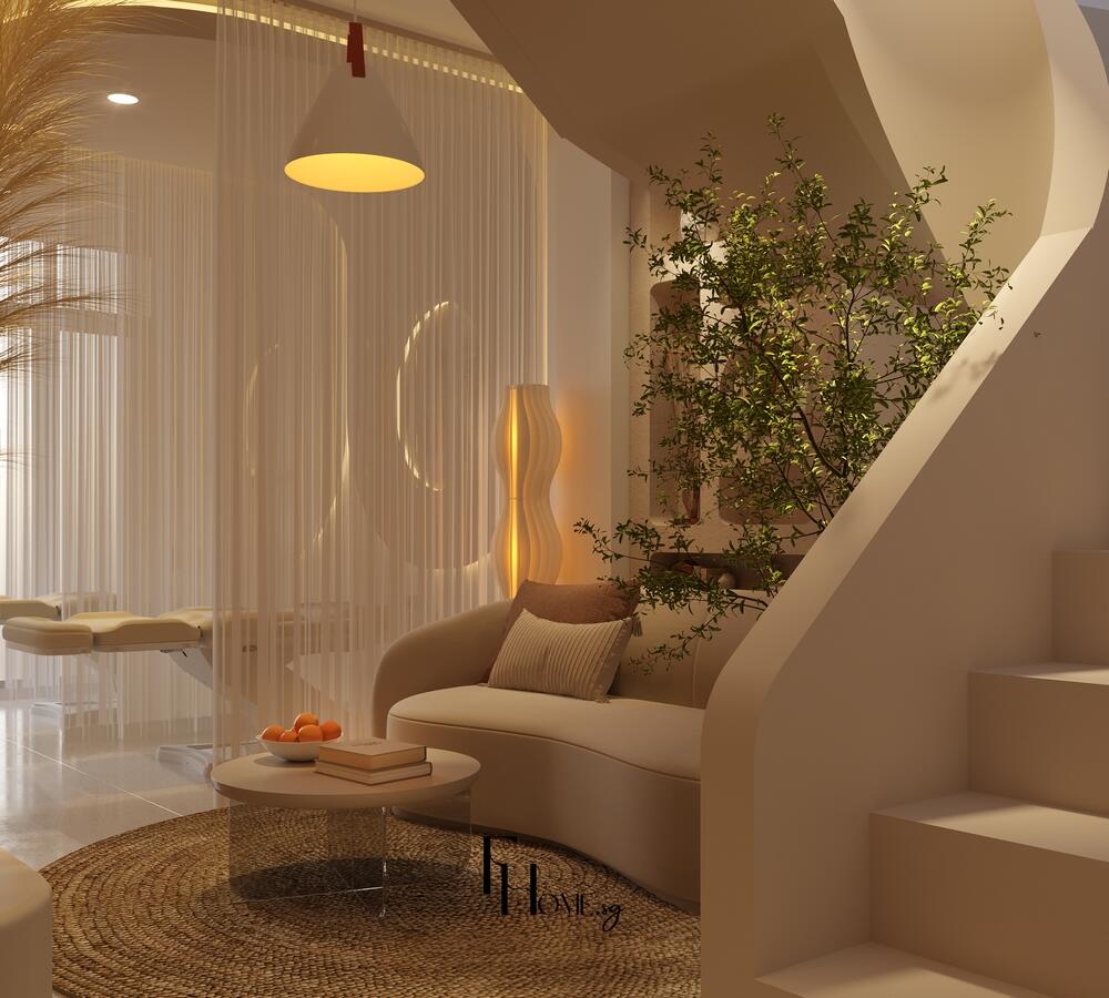 Cầu thang nhà phố mix Spa Bình Thạnh 48m2 phong cách Hiện đại mix Wabi Sabi