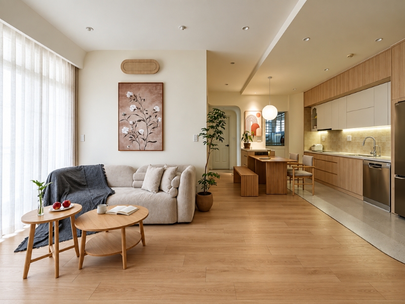 Không gian mở và bếp chung cư 3 phòng ngủ với sofa be, bàn trà gỗ và nội thất gỗ sáng màu