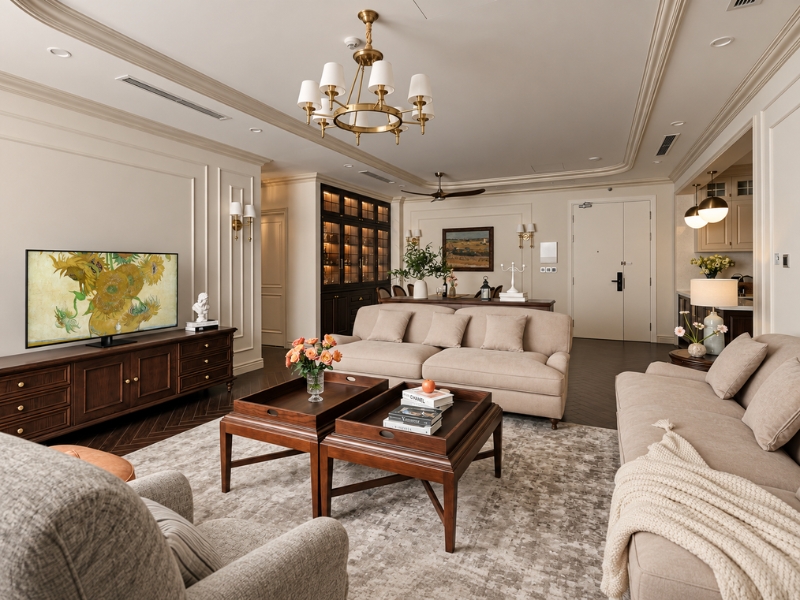 Phòng khách chung cư 3 phòng ngủ cho gia đình nhiều thế hệ với sofa be và bàn trà gỗ