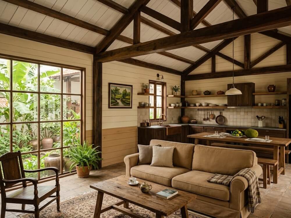Classic Farmhouse: phòng khách hoặc bếp có xà gỗ lộ trần, tấm ốp gỗ ngang tông nâu/ke