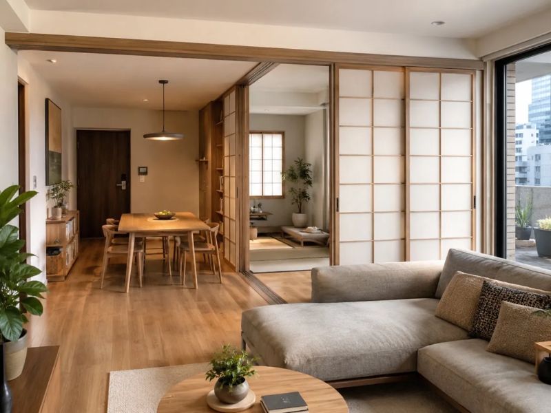 cửa trượt Shoji phân vùng không gian mở nội thất phong cách Nhật Bản chung cư