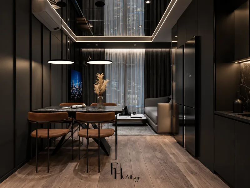 Dự án Golden Mansion 109m2 phong cách Luxury do FHome Sài Gòn triển khai có vách nan đen trong khu khách ăn.