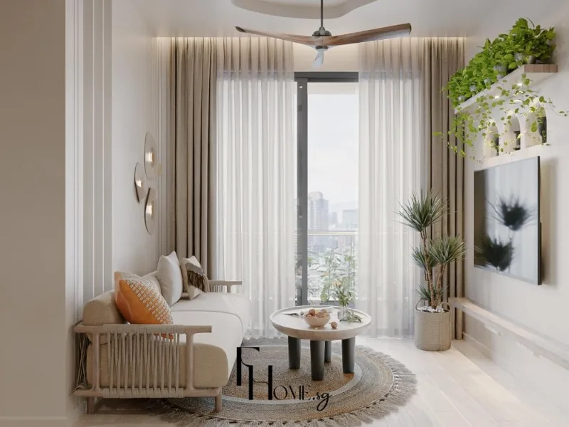 Phòng khách phong cách Bohemian tại Lumiere Boulevard được FHome Sài Gòn bố trí bàn trà tròn cùng cây xanh.