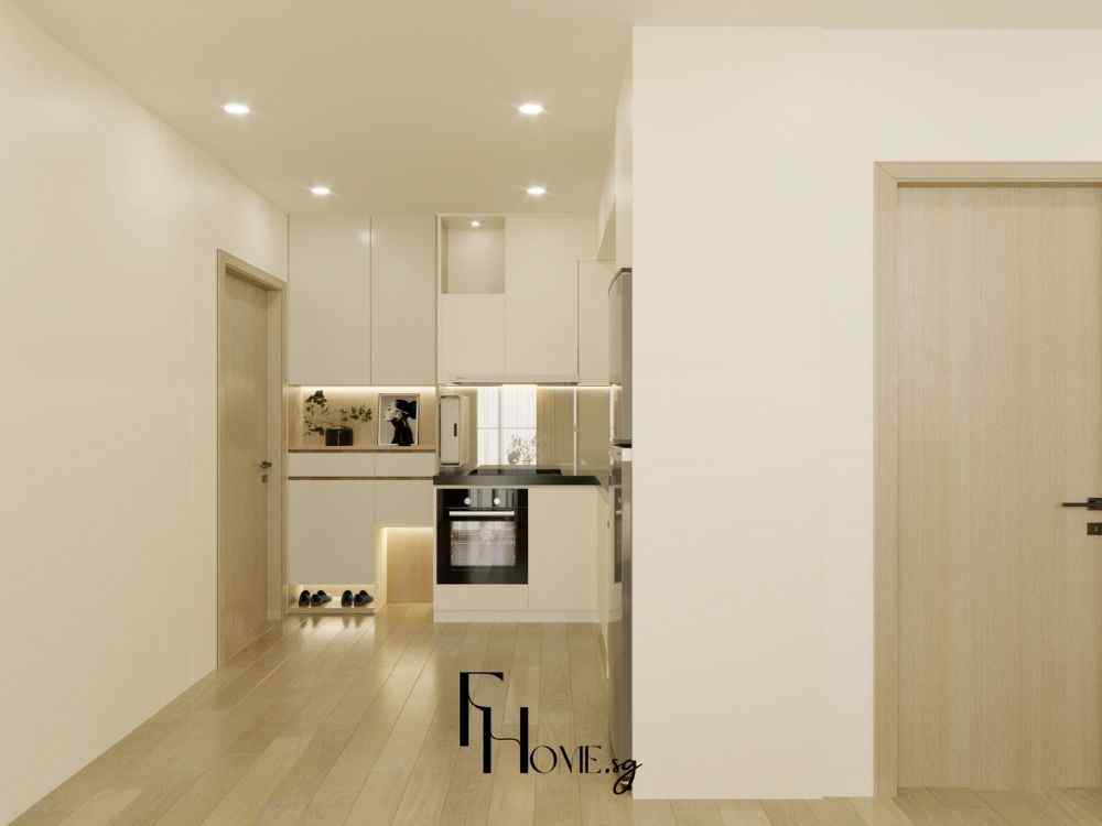 Gian bếp nhỏ gọn với tủ trắng kịch trần, sàn gỗ sáng và nội thất bếp âm tường