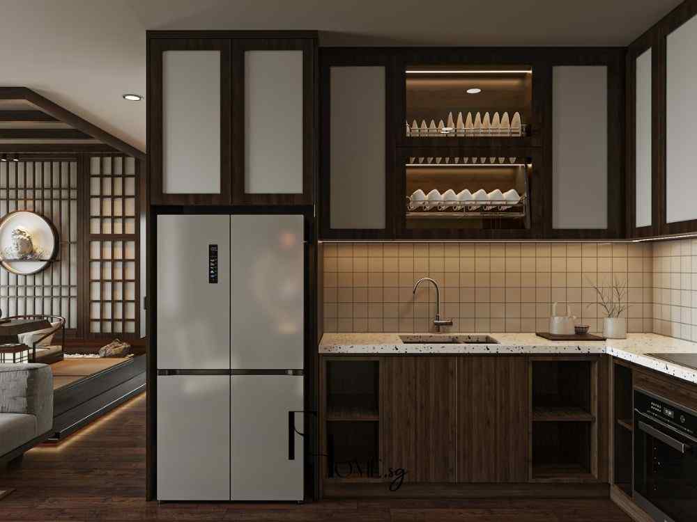 Gian bếp phong cách Zen với tủ gỗ nâu đậm, mặt bếp đá sáng